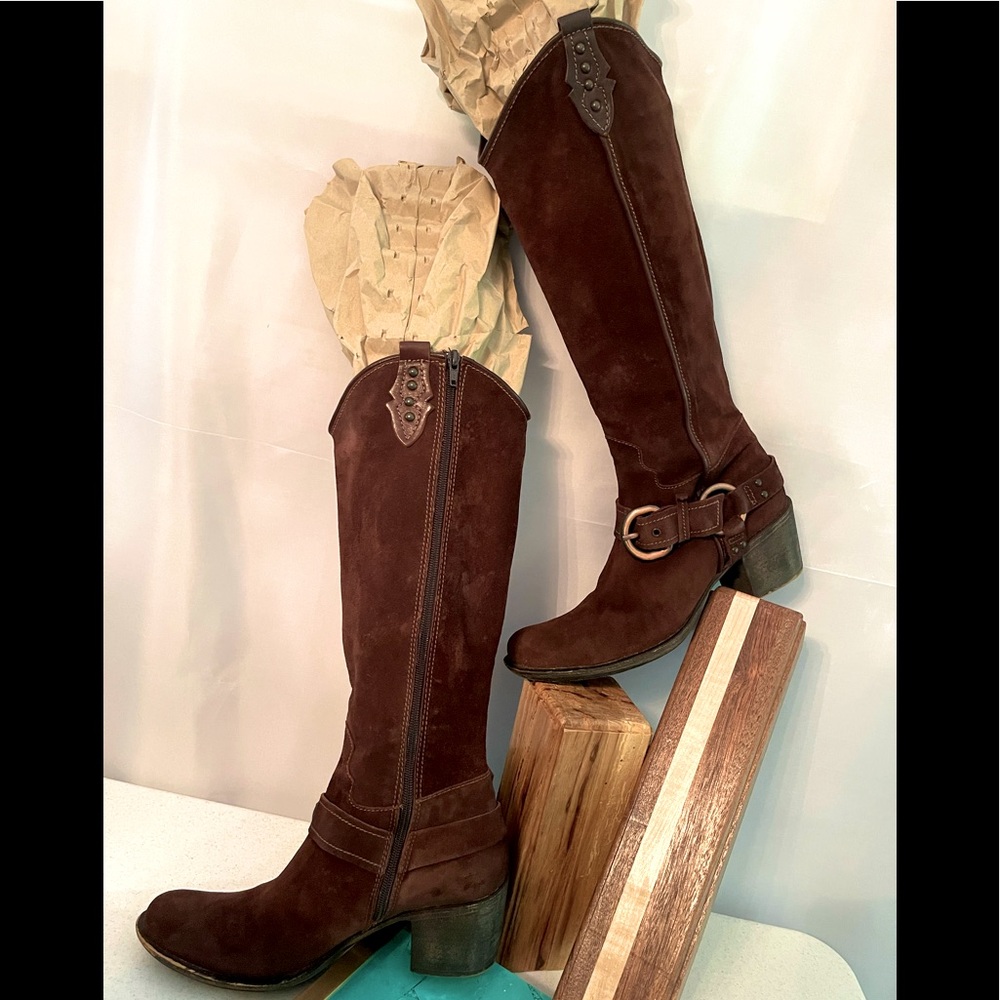 Apepazza Womens Genuine Chocolate Suede Buckle Strap Trim Tall Boots